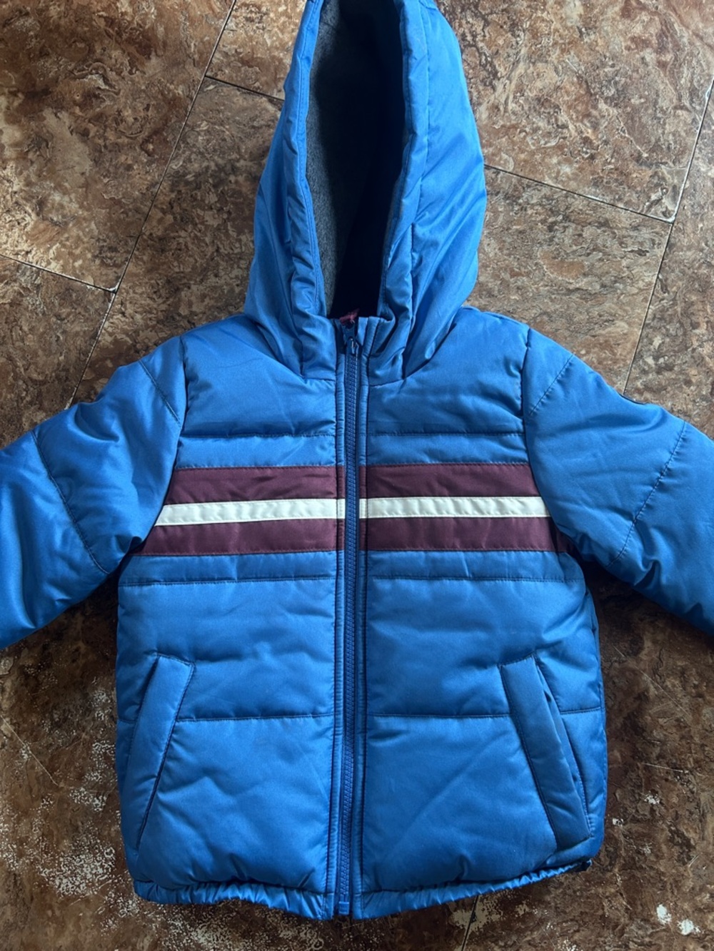 OshKosh B'gosh Blue Hooded Puffer Jacket with Maroon and White Stripes